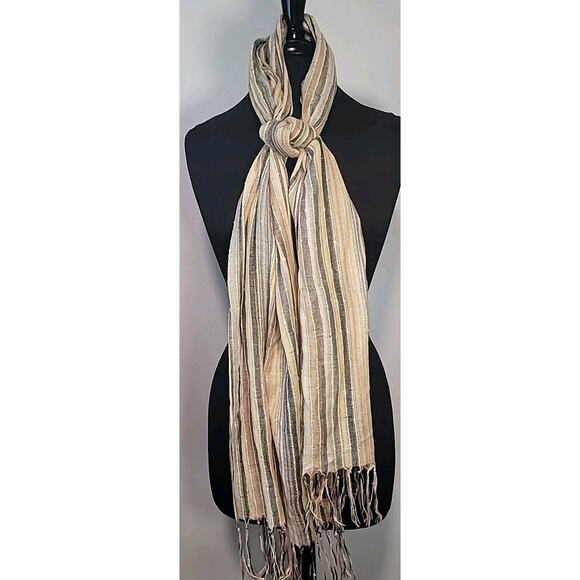 Cejon 100% Viscose Scarf – Beige Striped with Fringe & Sparkle Accents | EUC - Picture 1 of 4